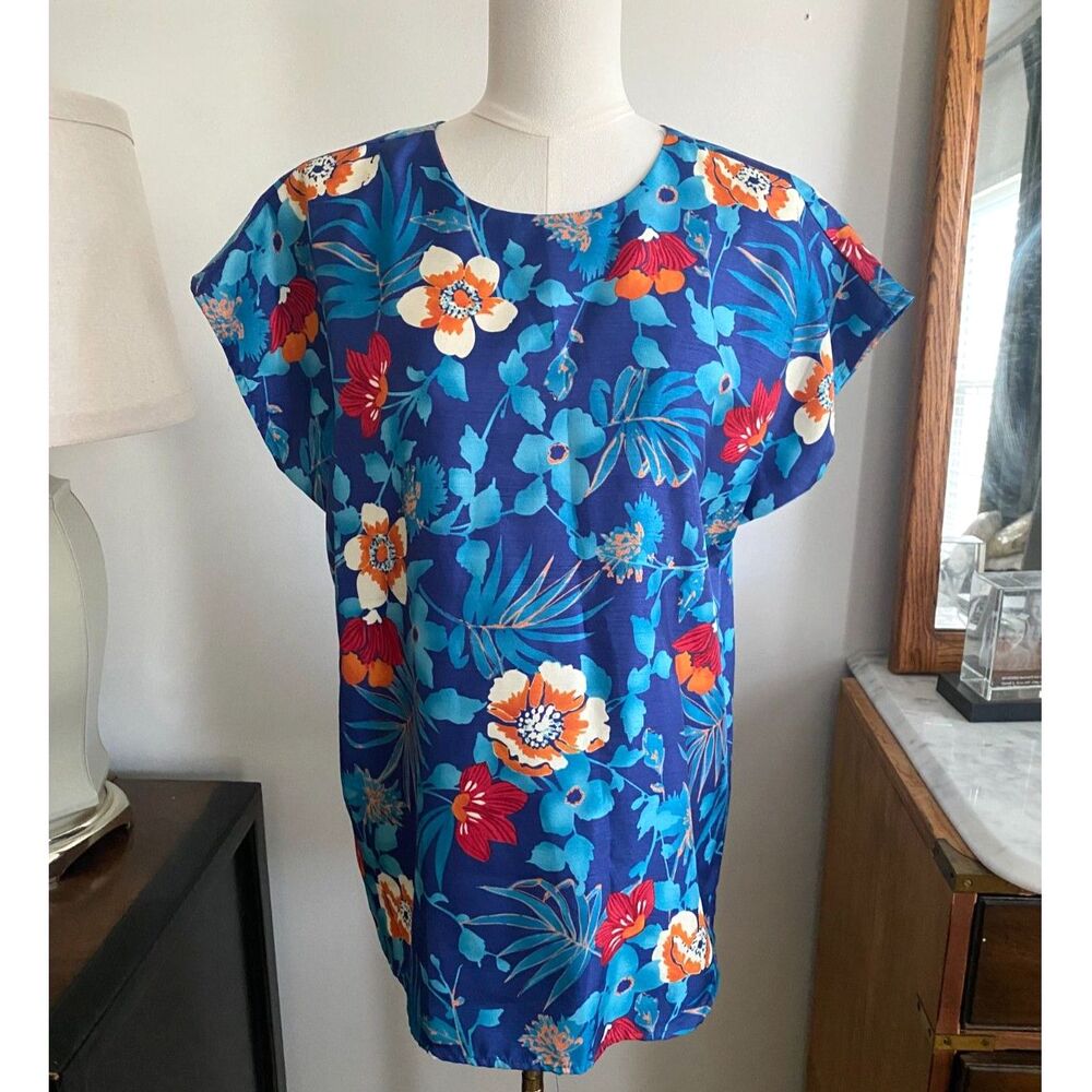 VTG 90s Maggie Sweet Tropical Floral Dolman Tunic Blouse Large Blue Hawaiian
